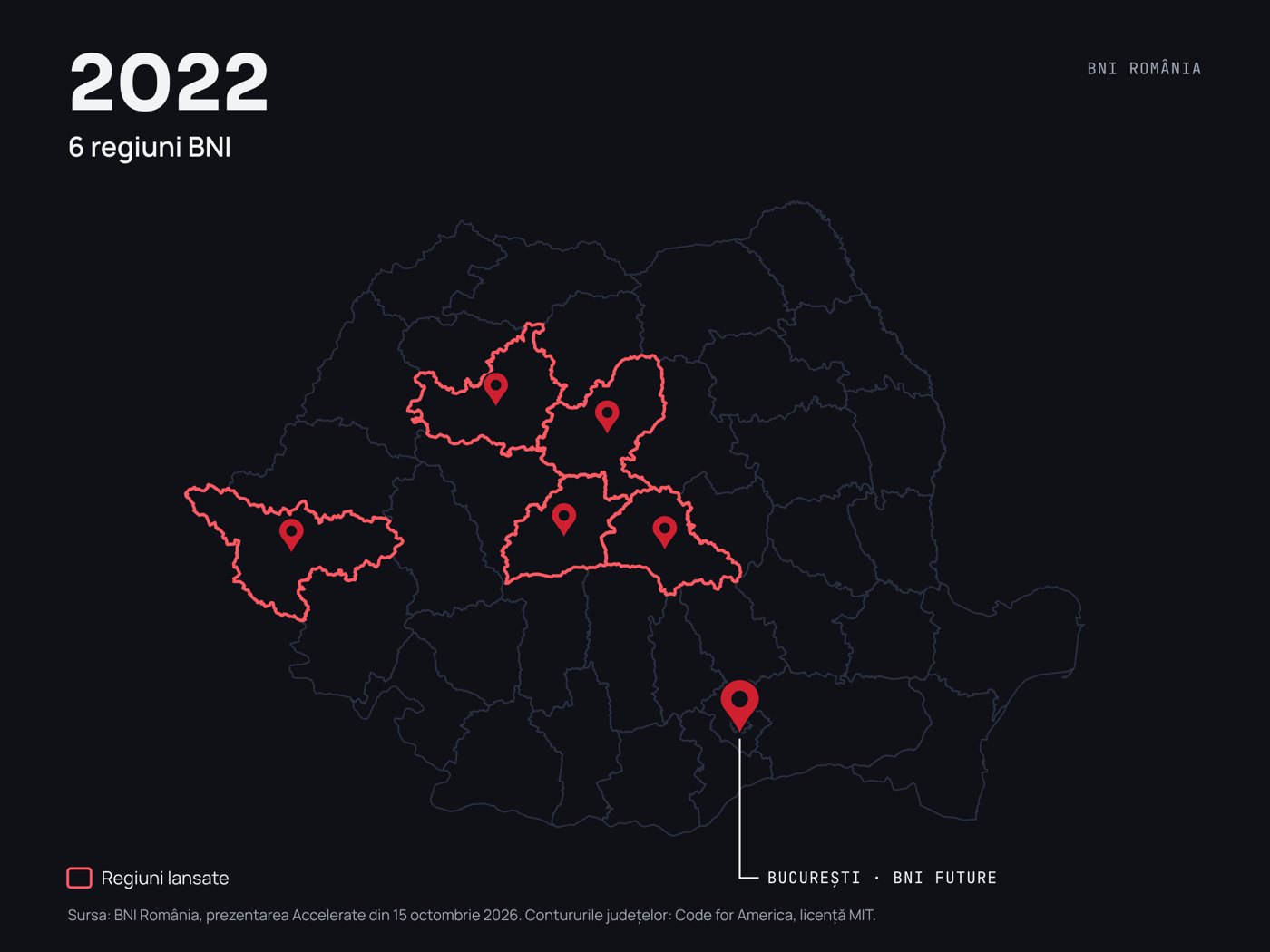 Harta României cu cele 6 regiuni BNI din 2022