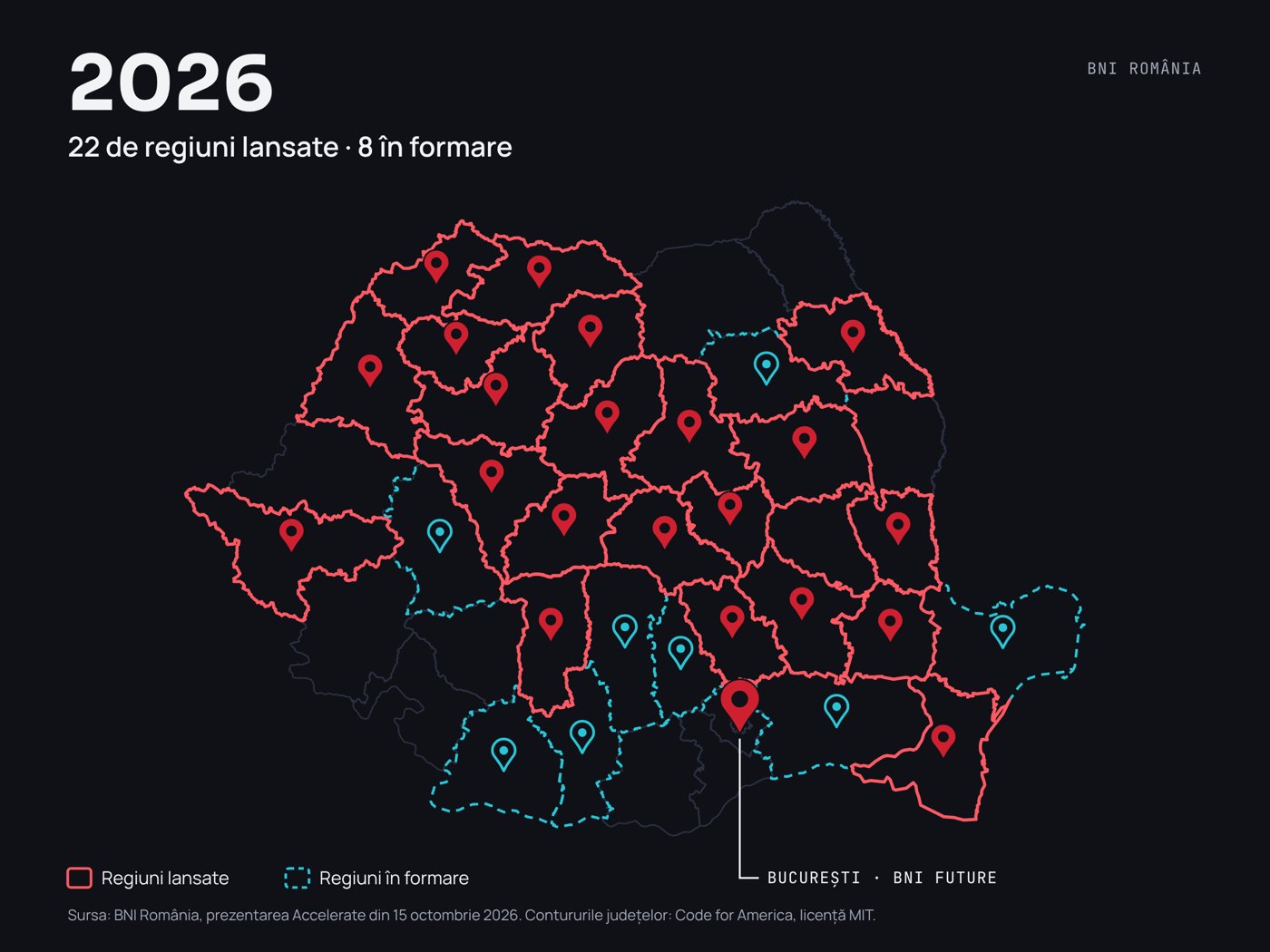 Harta României cu cele 22 de regiuni BNI lansate în 2026